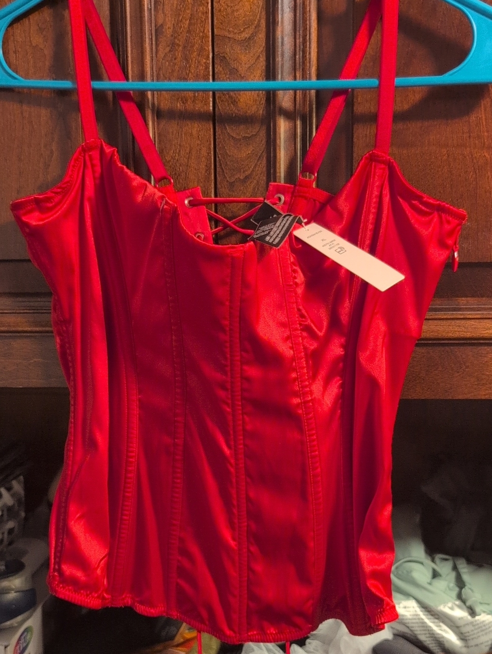 PINK Victoria's Secret Red Satin Lace-Up Corset Camisole Top